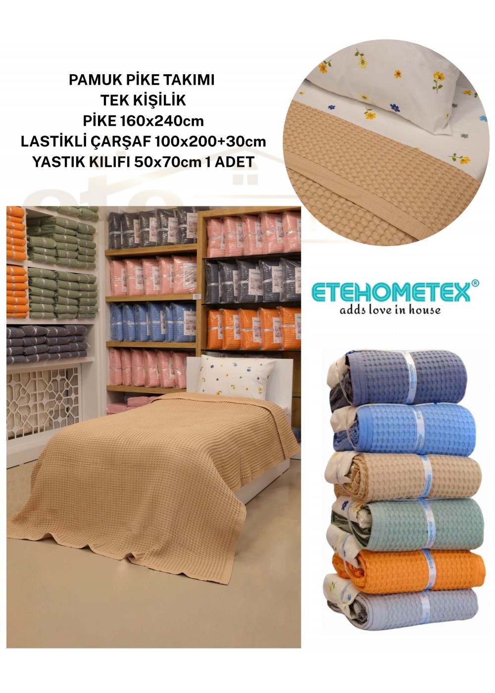 ETEHOMETEX HAVUZLU PİKE TAKIMI %100 PAMUK TEK KİŞİLİK BEJ 8696474232085